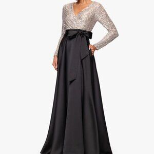 X By Xscape Black Nude Silver Long Sleeve Sequin Ballgown